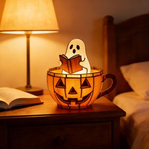 Könnte beinhalten: Ein Nachtlicht zum Thema Halloween. Eine lächelnde Kürbis-Tasse mit Henkel enthält einen leuchtenden weißen Geist, der ein Buch liest. Die Lampe steht auf einem Nachttisch aus Holz neben einer brennenden Lampe und einem offenen Buch.