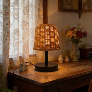 Puede incluir: Lámpara de mesa de mimbre tejido con base y tallo negros. La lámpara tiene una pantalla cilíndrica y está iluminada desde dentro, emitiendo un brillo cálido. Se encuentra sobre una mesa de madera cerca de una ventana.