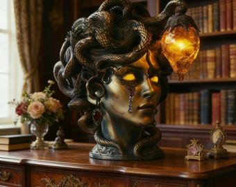Lampada a forma di busto di Medusa realizzata a mano: scultura in resina con occhi luminosi e dettagli in capelli di serpente, una misteriosa decorazione in stile gotico.