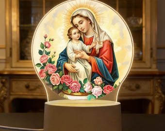 Lámpara de Virgen María personalizada, luz nocturna con estatua de luna católica, lámpara decorativa LED de Virgen María, regalo religioso cristiano, regalo del Día de la Madre