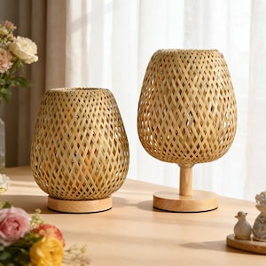Handwoven Bamboo Table Lamp, Minimalist Zen Bedside Light, Dimmable LED Light for Bedroom, Natural Handmade Night Lamp.Bestseller.