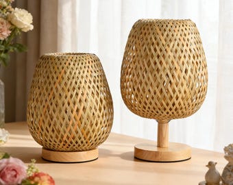 Lámpara de mesa de bambú tejida a mano, luz de noche zen minimalista, luz LED regulable para dormitorio, lámpara de noche natural hecha a mano. Más vendida.