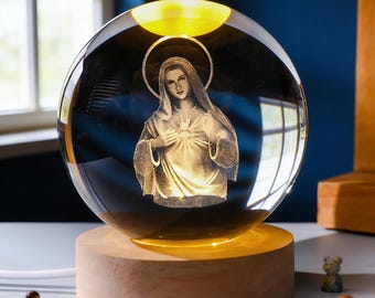 Lámpara de bola de cristal de la Virgen María, luz nocturna LED 3D tallada, regalo católico de la Virgen María, decoración de oración cristiana, éxito de ventas