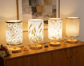 Lámpara de mesa de tela con base de madera maciza, luz de noche USB, lámpara moderna y acogedora para decoración de dormitorio y sala de estar. Más vendida.
