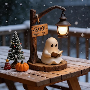 Könnte beinhalten: Eine Halloween-Lampe mit einer lesenden Geisterfigur, einem "BOO!"-Schild und einer Laterne. Ein kleiner Weihnachtsbaum und ein Kürbis sind ebenfalls vorhanden. Die Lampe steht auf einem Holztisch mit verschneitem Hintergrund.