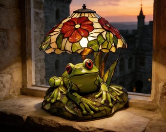 Lámpara de resina con forma de rana y flor: lámpara LED decorativa pintada a mano, luz nocturna con diseño de plantas, lámpara de resina con forma de flor, lámpara de mesa de estilo rústico.