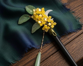Handmade Yellow Flower Wooden Hair Stick Glazed Acetate Leaf Hair Pin Vintage Retro Tassel Hair Fork Qipao Updo Bun Maker Gift for Women
