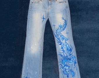 Pantalones vaqueros de mezclilla con diseño de dragón helado pintados a mano