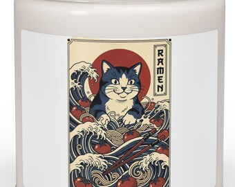 Retro Cat Ramen Illustration Candle | Soy 9oz, Whimsical Cat-Centric Graphic