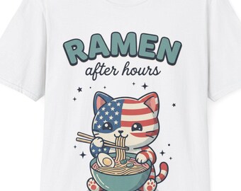 American Flag Kitty Ramen Bowl T-Shirt | 4th of July Patriotic Cat