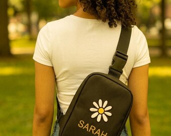 Daisy Name Embroidery Explorer Sling Bag | Personalized Floral Crossbody