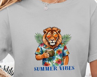 Lion Coconut Sipping Summer Vibes T-Shirt, Unisex Tropical Beach Tee Lıon dad tee gıft granpa tee