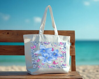 Blue Floral Butterfly Summer Beach Bag, Pet Carrier, Nature Lover's Gift Tote, Perfect For Flower Enthusiasts