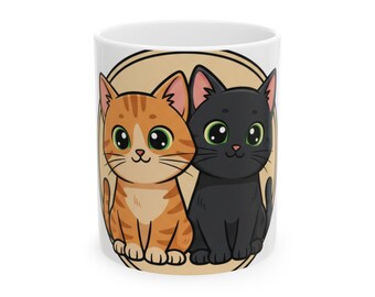 Orange and Black Cat Ceramic Mug | Cartoon Feline Pair Coffee Cup