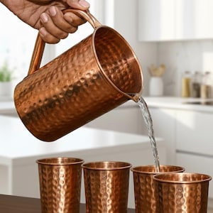 Op de afbeelding: Een koperen kan giet water in vier bijpassende koperen bekers. De kan en bekers hebben een gehamerde textuur. De items staan op een houten oppervlak, met een witte keuken op de achtergrond.