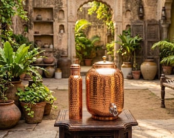 Hammered Copper Water Dispenser Set, Handcrafted Wellness Drinkware Jug