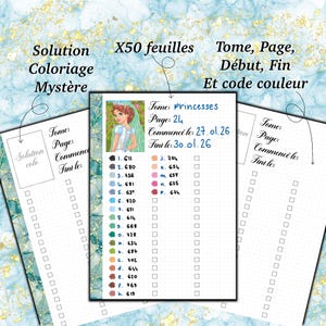 Può includere: Una pagina di libro da colorare con un'illustrazione di principessa, con un codice colore e il testo "Solution Coloriage Mystère". La pagina include un elenco di codici colore e caselle da colorare. Lo sfondo ha un design marmorizzato.