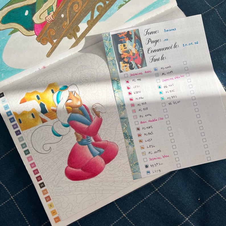 May include: A partially colored page from a paint-by-numbers book featuring a cartoon character in a pink outfit with a blue scarf. The page includes a color key and the text "Tome: Saisons, Page: 10, Commenc&eacute; le: 24.01.16".