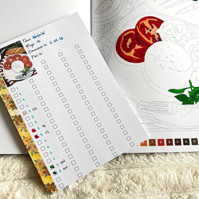 May include: A white dotted paper with a checklist and the text "Tome: B&eacute;r&eacute;nit&eacute;, Page 13, Commenc&eacute; le: 6.05.16, Fini le". A color-by-number book is visible in the background. A decorative floral tape is on the left side.