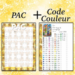 May include: Two-page spread with the text "PAC + Code Couleur". The left page is a floral-bordered monthly planner. The right page is a colour code chart with a cartoon illustration and the text "Page: Tome 13".