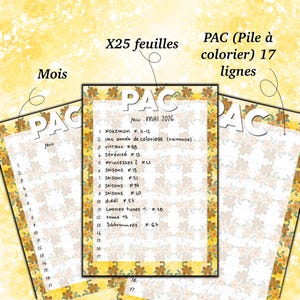 May include: A stack of floral-themed coloring pages with the text "PAC" and "Mai 2026". The pages have a list of coloring themes, with the text "X25 feuilles" and "17 lignes". The background is yellow.