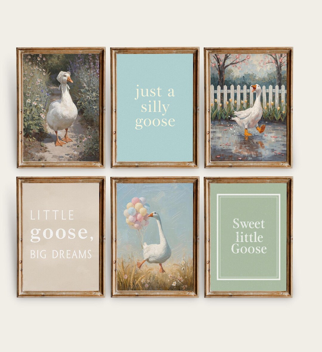 Silly Goose Nursery Wall Art Set of 6, Vintage Animal Prints, Neutral ...