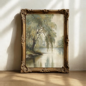 Målning av gråtande pilträd, neutrala naturtryck, utskrivbar badrumskonst, neutral bondgårdsillustration, gråtande pil