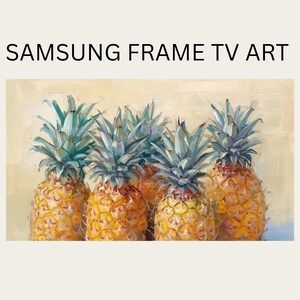 May include: A digital art print for Samsung Frame TV featuring a still life of five ripe pineapples. The pineapples have textured yellow and orange skin with green and blue spiky tops. The text "SAMSUNG FRAME TV ART" is at the top.
