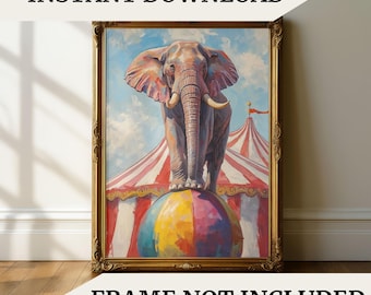 Circus Elephant Wall Art Vintage Animal Painting Whimsical Nursery Decor Colorful Carnival Art Kids Room Wall Decor Playroom Art