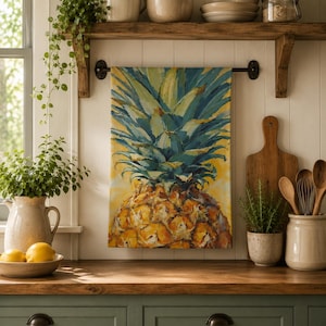 Puede incluir: Un paño de cocina rectangular que presenta una vibrante ilustración pictórica de una piña. La fruta muestra un cuerpo texturizado de color marrón dorado con largas hojas puntiagudas verdes y azul verdoso sobre un fondo amarillo cálido.