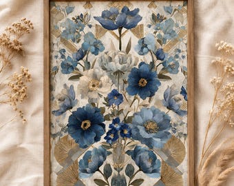Arte floral Art Déco azul, lámina Grandmillennial, arte mural botánico melancólico, decoración vintage Cottagecore imprimible, descarga digital.