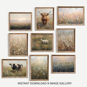 May include: Nine framed landscape art prints featuring pastoral scenes. The artwork includes images of a Highland cow, a sheep, and a black and white cow in a field of wildflowers. The text "INSTANT DOWNLOAD 9 IMAGE GALLERY" is at the bottom.