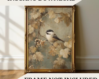May include: A framed wall art print featuring a black-capped chickadee perched on a branch with pale berries and muted beige leaves. The text INSTANT DOWNLOAD and FRAME NOT INCLUDED appears on the image. The artwork has a soft, neutral color palette.