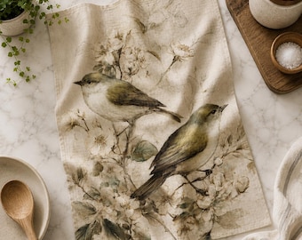 Vintage Botanical Songbirds Microfiber Tea Towel | Floral Sparrow Kitchen Linen