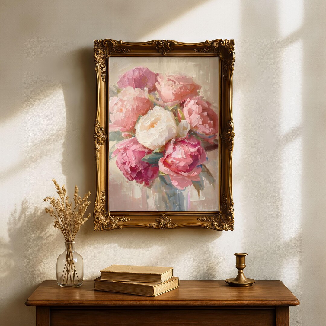 Peony Vase Wall Art Print, Vintage Floral Digital Download, Romantic ...