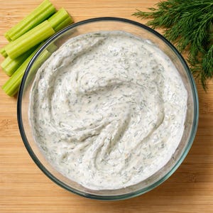 May include: A clear glass bowl filled with creamy, white dip speckled with green herbs. Celery sticks and fresh dill sprigs are arranged around the bowl on a wooden cutting board. A refreshing appetizer.