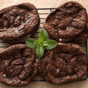 May include: Four large, dark chocolate cookies with a crinkled texture rest on a black wire rack. A sprig of fresh mint sits in the center, with small pieces of mint chocolate scattered around. The cookies appear to be freshly baked.
