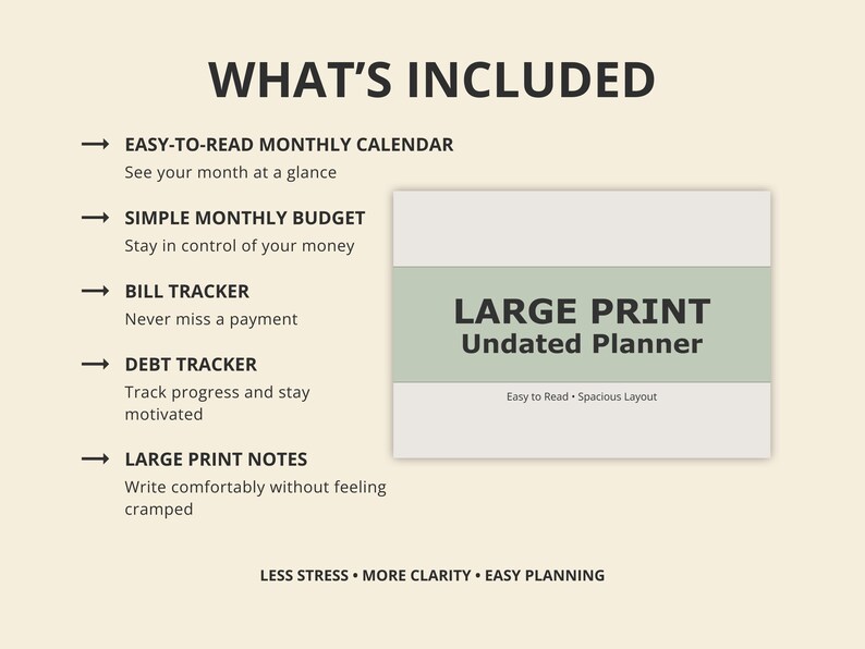 May include: A cream-colored image with text detailing the features of a planner. The text includes "Easy-to-Read Monthly Calendar," "Simple Monthly Budget," "Bill Tracker," "Debt Tracker," and "Large Print Notes." The planner is labeled "LARGE PRINT Undated Planner."
