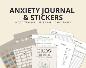 Anxiety Relief Journal & Sticker Bundle | CBT Planner, Mood Tracker, Mental Health Toolkit
