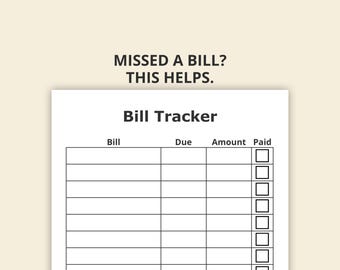 Monthly Bill Tracker Printable, Bills Due Sheet, Simple Payment Organizer, Budget Planner Page