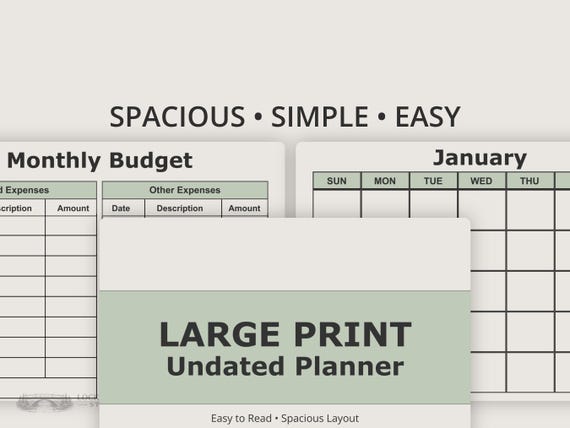Large Print Undated Planner Easy to Read Simple Layout Budget Bill Debt Tracker