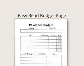 Paycheck Budget Page Printable, Simple Budget Sheet, Large Print PDF