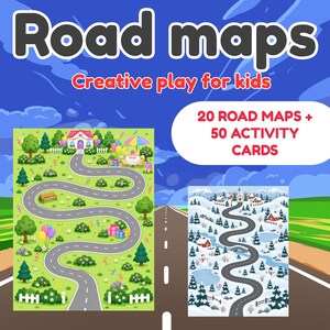 May include: A set of 20 road maps and 50 activity cards featuring colourful illustrations. One map shows a green landscape with a house, trees, and balloons, while the other depicts a snowy winter scene with houses, trees, and a winding road.