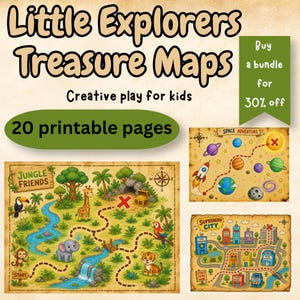 May include: A collection of printable treasure maps for kids, featuring jungle, space, and superhero themes. The maps are illustrated with colorful graphics and include text that reads "Little Explorers Treasure Maps" and "Creative play for kids". The bundle includes 20 printable pages.