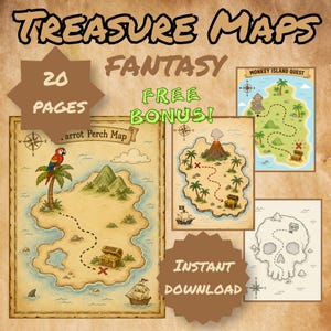 May include: A collection of 20 pages of illustrated treasure maps featuring islands, a volcano, a skull-shaped landmass, palm trees, a parrot, ships, and treasure chests. The text includes TREASURE MAPS, FANTASY, 20 PAGES, FREE BONUS, and INSTANT DOWNLOAD.