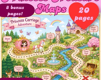 Prinzessin Schatzkarten für Kinder druckbare Bündel, Prinzessin Schatzsuche Karten, Märchen Abenteuer, PNG Download, 8,5x11