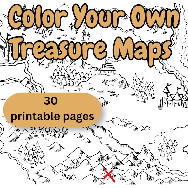 30 pages à colorier de carte au trésor pour enfants | Cartes imprimables des aventures de pirates | PDF et PNG | Activité amusante 8,5 x 11 pouces | Imprimables chasse au trésor