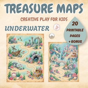 May include: Two illustrated treasure maps on parchment-style paper featuring underwater scenes with shipwrecks, coral reefs, stone ruins, mermaids, and treasure chests. Text reads: TREASURE MAPS, CREATIVE PLAY FOR KIDS, UNDERWATER, 20 PRINTABLE PAGES + BONUS.