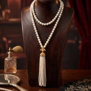 May include: A double-strand pearl necklace with a gold tassel pendant is displayed on a wooden bust. The necklace features small, round pearls. The tassel is made of numerous strands of pearls, and the pendant has a gold filigree design.