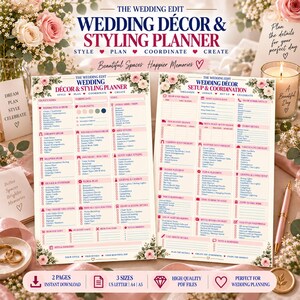 Op de afbeelding: Twee trouwplannerbladen met bloemenranden en roze kopteksten. Het linkerblad is getiteld Wedding Décor & Styling Planner, het rechterblad Wedding Décor Setup & Coordination, beide bevatten checklists en tekstvelden voor de organisatie.